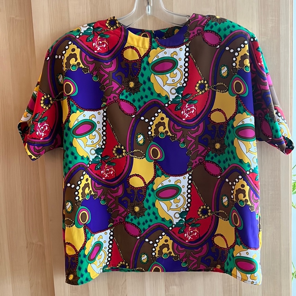 Vintage 1980’s blouse - bright colours, short sleeve, shoulder pads.